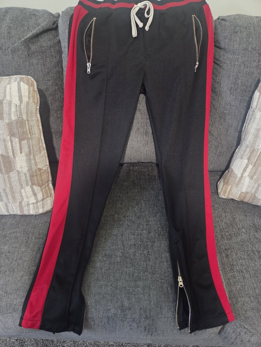 Men's Mnml Black Track Pants with Red Side Stripe